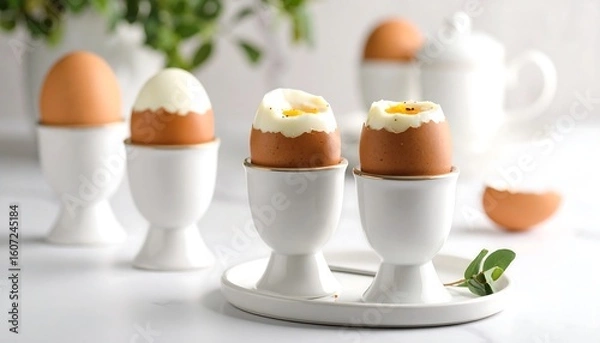 Obraz Hard-boiled eggs in eggcups on a marble surface