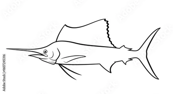 Fototapeta Detailed Line Art Depicting a Sailfish Swimming Gracefully in the Ocean Depths, Showcasing Its Elegant Fins and Streamlined Body