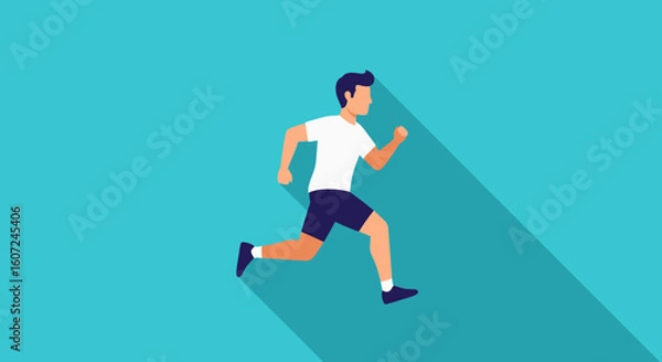 Fototapeta Dynamic minimalist runner in motion against bright cyan backdrop displaying healthy lifestyle and exercising concept with long shadow emphasis