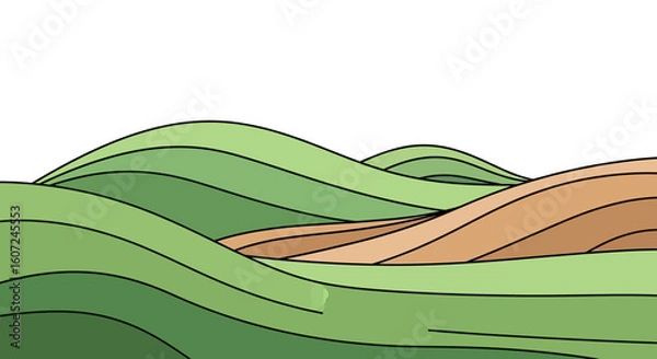 Fototapeta Stylized undulating hills with soft curves and earthy tones landscape illustration depicting rolling countryside and tranquility evoking serenity