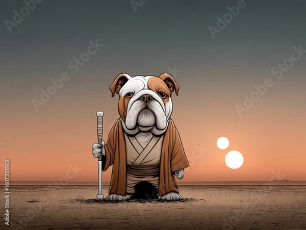 Obraz Bulldog in a Star Wars-style robe holding a glowing bone-shaped lightsaber, standing on a desert planet, twin suns in sky, horizontal