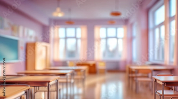 Fototapeta Blur Background of Peaceful empty classroom interior with soft pastel color and warm sunlight. Wooden desk and chair create nostalgic learning environment with blurred bokeh background