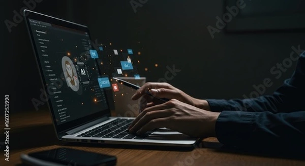 Fototapeta Person working on laptop with ai interface