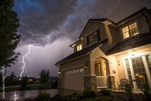 Fototapeta Dramatic Lightning Strike Over a Modern Suburban Home at Night