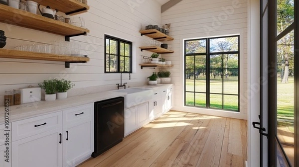 Fototapeta Bright and Modern Kitchen Interior with Wood Shelves and Natural Light