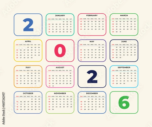 Fototapeta 2026 year calendar. Desk planner template with 12 months. Week starts Sunday. Business schedule. Month date. 