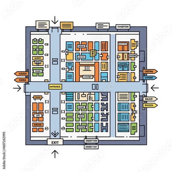 Fototapeta An overhead floor plan illustration of a large exhibition hall or trade show, showing booths, entrances, exits, and directional signage.