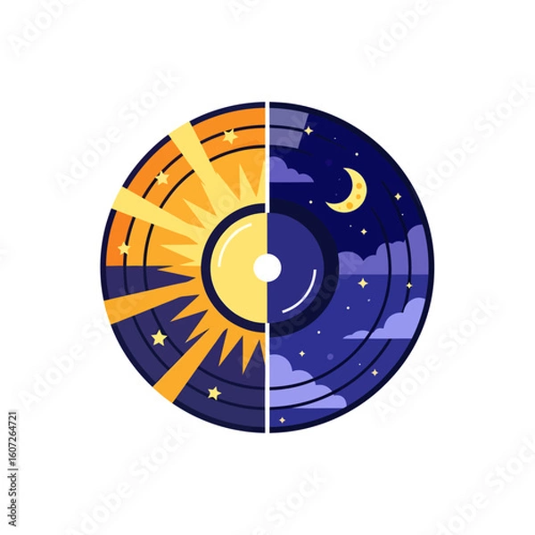 Fototapeta A vinyl record illustration split into day and night, featuring a sunburst on one half and a crescent moon with stars on the other.