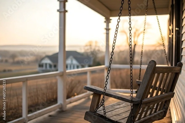 Fototapeta Serene Sunset View from a Rustic Porch Swing Gently Swaying in the Breeze