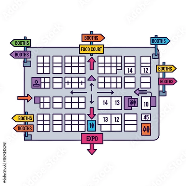 Fototapeta Overhead schematic of an expo floor plan, showing booth layouts, food court location, restrooms, and entrance/exit points, with colorful directional signage.