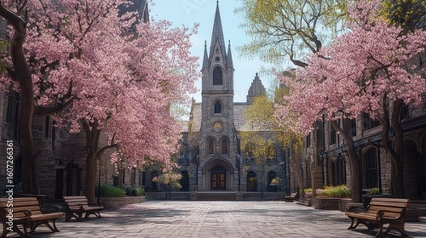 Obraz Spring blossoms frame a light-filled courtyard, with a church in the center