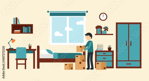 Obraz Young Man Moving and Organizing Boxes in His Bright Room