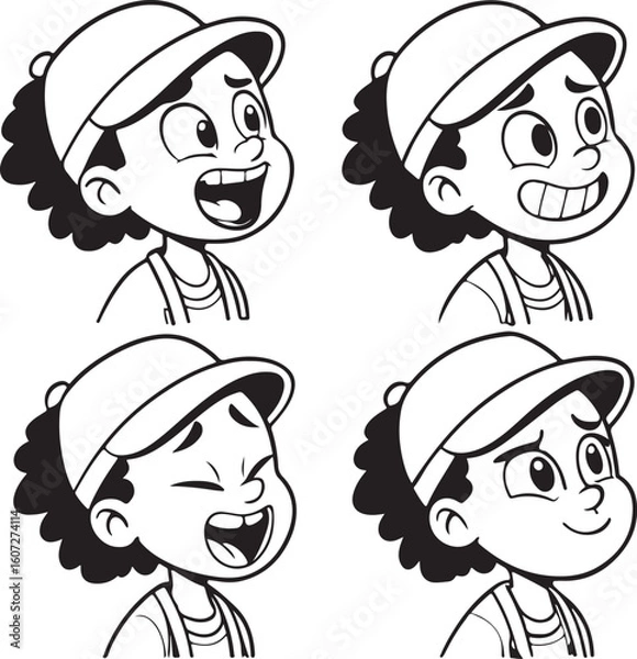 Fototapeta Cartoon Character Faces Showing Different Emotions Black and White Vector Illustration Cute and Expressive