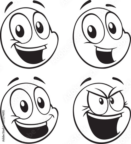 Fototapeta Four Different Cartoon Faces Expressing A Variety Of Emotions And Moods On A White Background