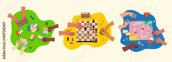 Fototapeta Creative board game hobbies. Human arms actively playing a tabletop game. Game elements like dice, cards, and pawns. Fun social activity. Vector illustration