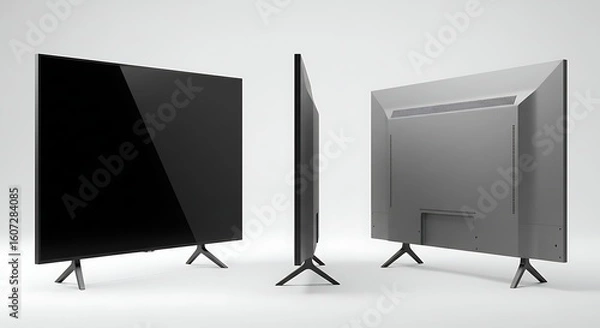 Fototapeta Minimalist television mockup with a blank black screen. Front, side, and rear views of a modern electronic display for home entertainment.