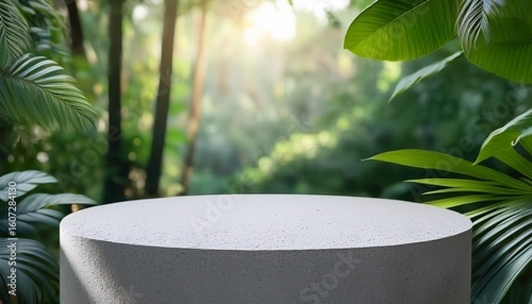 Fototapeta minimal concrete podium table top with outdoors in tropical forest nature background natural product pedestal modern stand display jungle paradise concept
