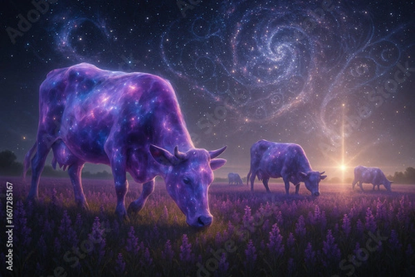 Fototapeta photorealistic ultra-detailed surreal alien cosmic cows made of nebula gas grazing in a lavender field under a fractal galaxy sky