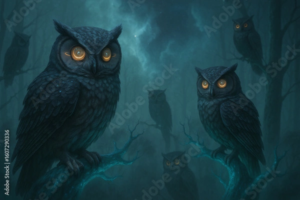 Fototapeta high-resolution photorealistic cosmic owls with Saturn-like eyes perched on glowing alien trees