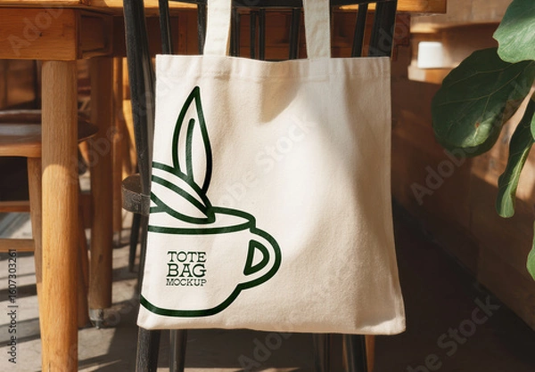 Obraz Canvas Tote Bag Mockup Hanging on Chair in Café