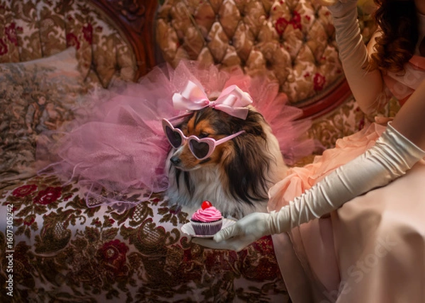 Fototapeta A Shetland Sheepdog sits elegantly on a vintage Victorian-style couch, wearing a soft pink dress with a matching bow. 