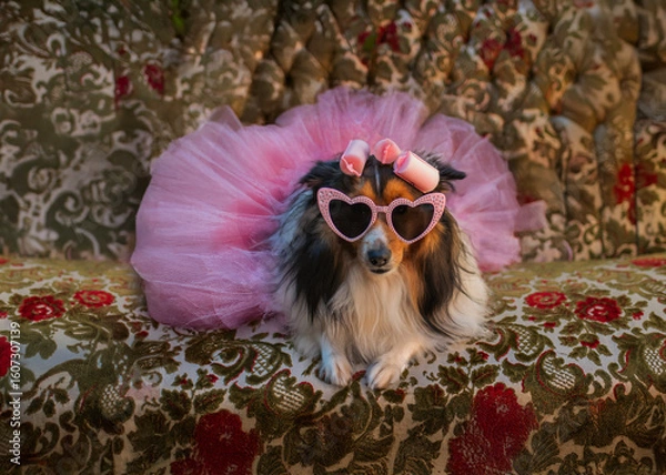 Fototapeta A stylish Shetland Sheepdog (Sheltie) poses with attitude in a punk-inspired pink dress and playful hair curlers. 