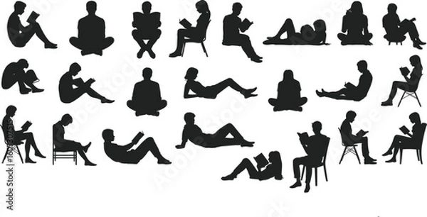 Fototapeta A diverse set of people reading books in various seated and reclining poses, isolated black silhouettes for education or library themes, cad drawing flat vector illustration.