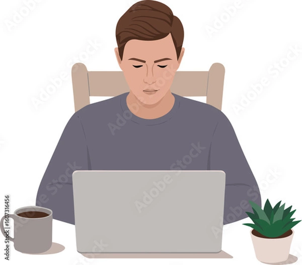 Fototapeta Young, smiling businessman casually using a laptop, representing success and technology