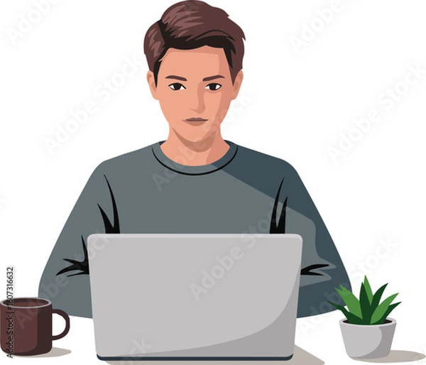 Fototapeta Young man in a suit smiling while working on his laptop in the office