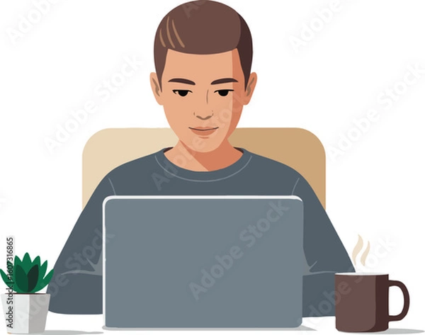 Fototapeta Young man in a suit smiling while working on his laptop in the office