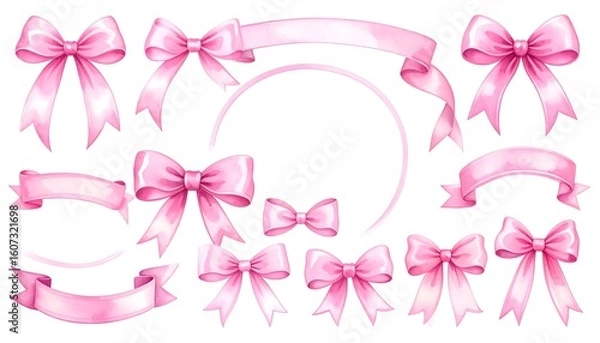 Fototapeta A collection of pink bows and ribbons on a white background