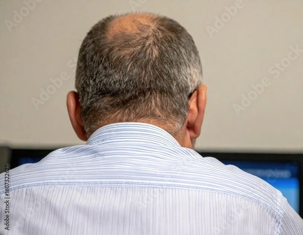 Fototapeta Back View Of A Boss Sitting And Working At A Computer Screen