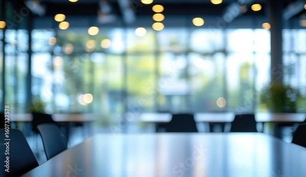 Fototapeta Blurred view of a modern office or cafe interior, featuring a table and chairs, with out-of-focus view of the outdoors