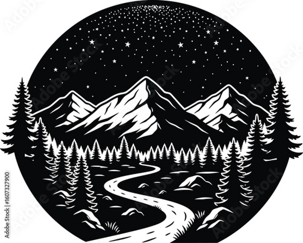 Fototapeta Embark on a scenic journey through majestic mountains and starry skies, captured in a captivating black and white vector illustration perfect for nature enthusiasts.