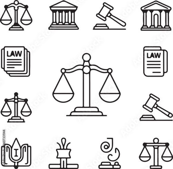 Fototapeta Collection of Justice and Law Icons in Outline Style Featuring Scales of Justice Court Buildings Gavel Law Documents and Other Symbols for Legal and Judicial