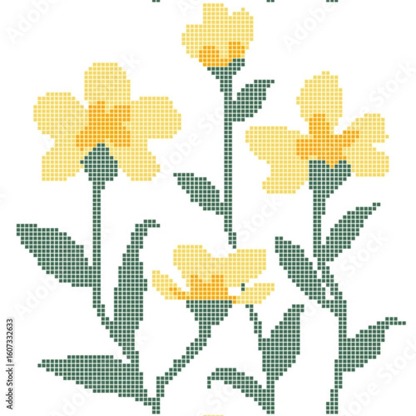 Fototapeta Yellow Cross Stitch Floral Design  Handmade Pixel Flower Pattern