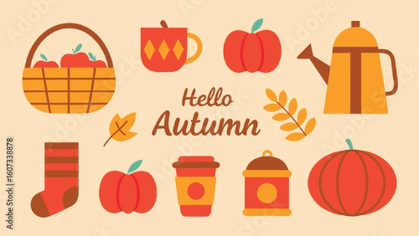 Fototapeta Autumnal Still Life Composition with Cozy Elements and Seasonal Harvest Symbols in Warm Tones Illustration