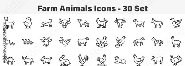 Obraz Farm Animals and Livestock Line Icon Collection. Line Art 30 Set Icon Collection Vector Illustration