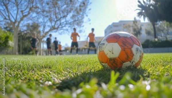 Fototapeta Soccer ball in grassy field, players in background