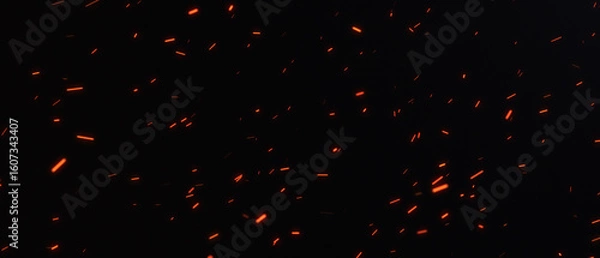 Fototapeta Hot burning fire sparks flying with the wind on a night sky. Glowing fire particles and ashes with bokeh. Bonfire, heat and haze. Bright flame particles and cinder. Wide background. 