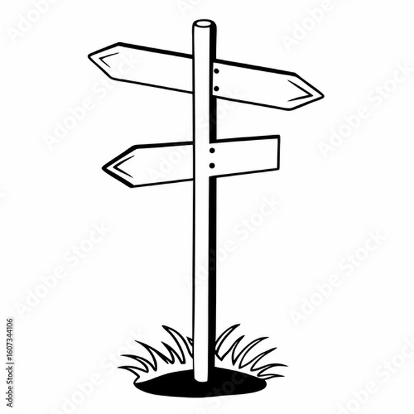 Fototapeta Illustration of a wooden signpost with two blank arrow signs on a pole in a patch of grass