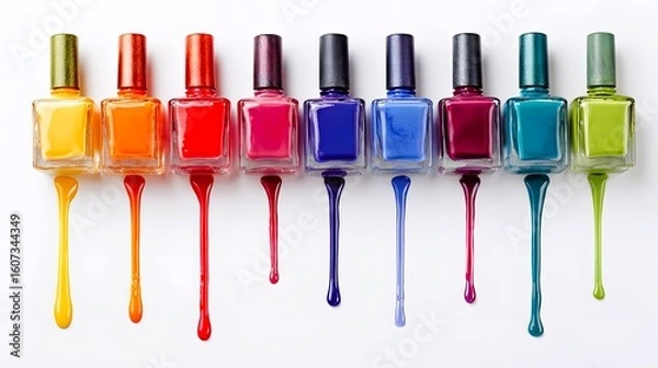 Fototapeta Multi-colored nail polishes on a white background with drops of varnish.