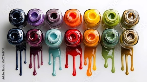 Fototapeta Multi-colored nail polishes on a white background with drops of varnish