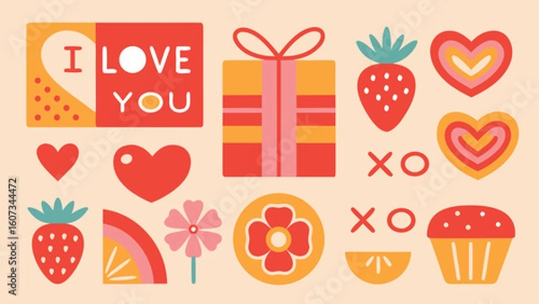 Obraz Valentines Day Themed Flat Lay Illustration Featuring Hearts Strawberries Flowers and a Present Representing Love and Affection