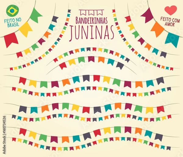 Fototapeta Brazilian June Party style little colorful flags in various disposals - Flat vivid vector for festive themes, made in Brazil with love