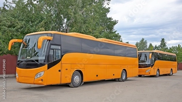Fototapeta Modern gray and yellow tour buses arranged neatly in a parking lot against a backdrop of rolling hills and greenery