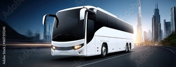 Fototapeta Luxury travel bus cruising along the highway in Dubai during dusk, showcasing sleek design and modern features