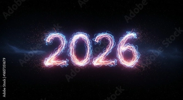 Obraz  light streaks and particles swirling and merging to form the number "2026" against a dark, cosmic background. The light should appear fluid and energetic, like a digital aurora borealis.