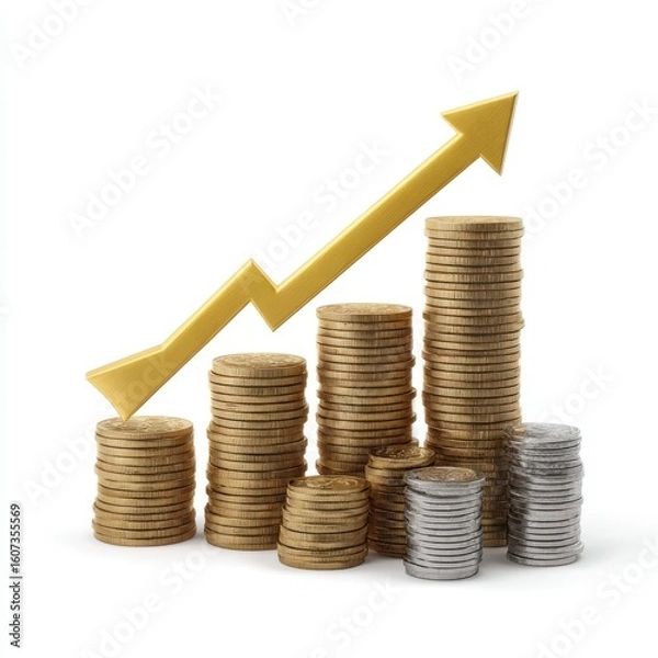 Fototapeta Growing stack of coins with upward trend arrow isolated on white background