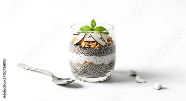 Fototapeta Healthy layered chia seed pudding with fruit and nuts
